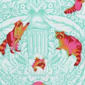 May include: A fabric pattern featuring colorful raccoons in shades of pink, orange, and red, set against a light teal and white floral background. The raccoons are in various poses, with some reaching towards a trash can illustration.