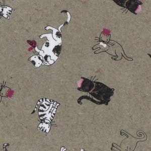 May include: A repeating pattern featuring black and white cat illustrations with pink accents on a neutral background. The cats are in various poses, some with crowns or sunglasses, and are interspersed with pink butterflies.