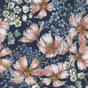 Art Gallery Floral Fabric FQ, Plein Air Flowers Cotton Fat Quarter UK, Navy Blue Shabby Chic Material