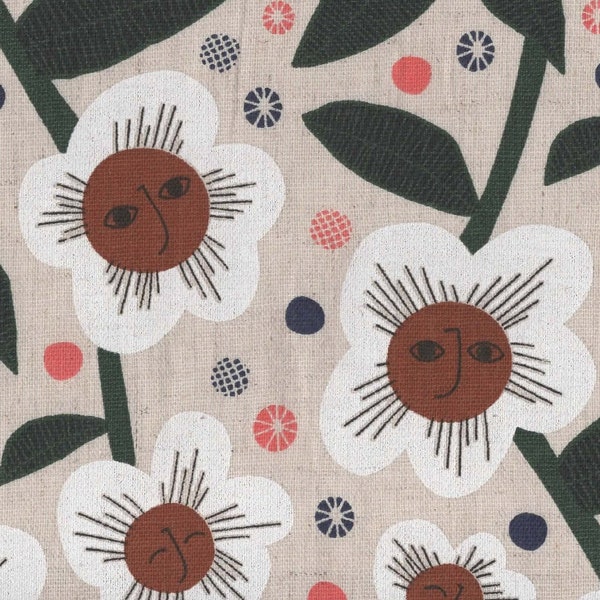 On SALE: 1 Yard Flower Fabric FQ, Cloud 9 Rise and Shine Cotton and Linen Yardage, Happy Face Fabric UK