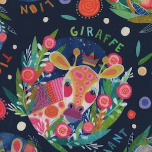 May include: A navy blue fabric with a repeating pattern of colourful animals surrounded by flowers and leaves. The animals include a tiger, lion, giraffe, and elephant. The words "Tiger", "Lion", "Giraffe", and "Elephant" are written around each animal.