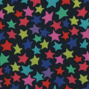 May include: A fabric with a repeating pattern of colorful stars in shades of red, pink, yellow, green, blue, and purple. The stars are scattered across a dark navy blue background.