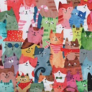 May include: A colorful illustration featuring a crowd of cartoon cats. The cats are depicted in various colors, including pink, blue, green, and orange, with unique patterns and accessories like hats and scarves. The artwork has a whimsical and playful style.