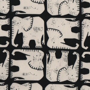 May include: A repeating pattern of white elephants on a black background. The elephants are stylized with textured details, and are arranged in a grid-like format. The design is suitable for fabric or wallpaper.