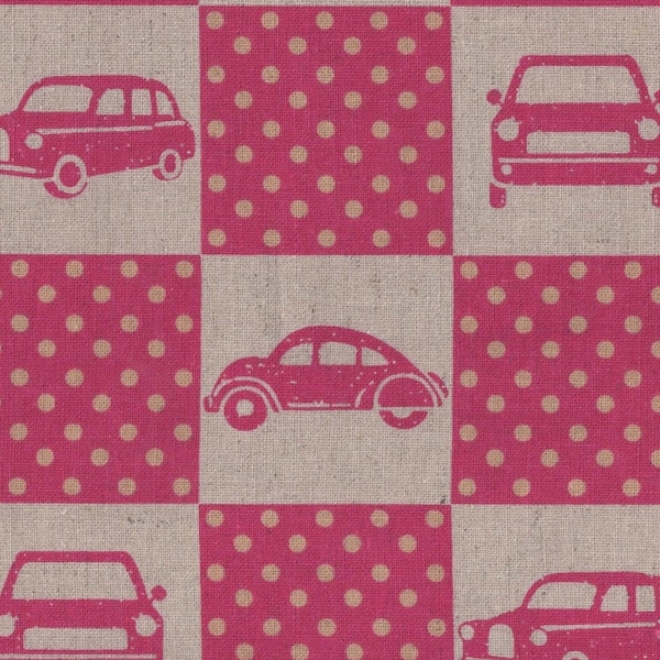 Retro Car Fabric FQ, Japanese Linen and Cotton Fat Quarter, Kokka Echino Fabric, Hot Pink Material UK