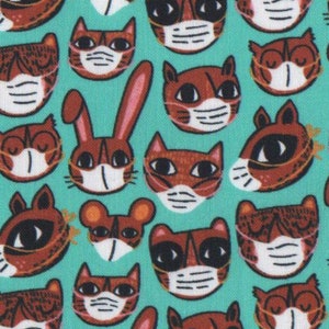 May include: Teal fabric with a repeating pattern of various animals wearing face masks. The animals include cats, rabbits, and mice. The masks are white with a black outline.
