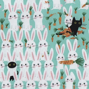 Süsser Hasenstoff FQ, Katzenbaumwolle Fat Quarter, Hase Meowscapades Material UK, Osterprint in Aqua Blau, süsse Purrenials