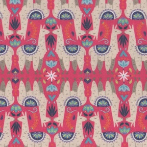 Könnte beinhalten: Ein sich wiederholendes Muster aus Lamas mit bunten geometrischen Mustern auf rosafarbenem Hintergrund. Die Lamas schauen sich an und haben einen stilisierten Look.