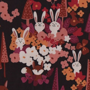 Rabbit and Fox Fabric FQ, Neighbouring Woods Cotton Fat Quarter, Cute Kid's Fabric UK, Espresso Brown