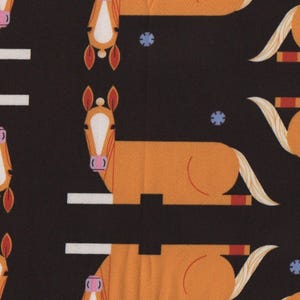 May include: A seamless pattern featuring a repeating design of orange horses on a black background. The horses are stylized with simple shapes and are facing both left and right.