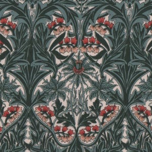 Peut inclure: Motif floral répété avec des éléments de feuilles stylisées dans des tons de vert d'eau, vert foncé et rouge. Le motif comprend de grands motifs symétriques de fleurs et de feuilles, créant une esthétique décorative classique.