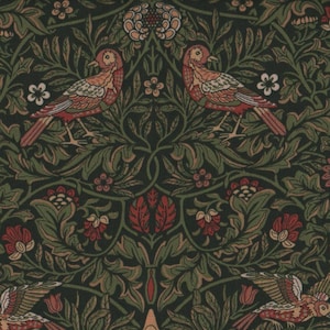 May include: Dark green fabric with a repeating pattern of birds, flowers, and foliage in shades of red, orange, and green. The design features stylized birds perched among detailed floral and leaf elements.