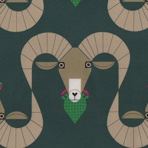 May include: A repeating pattern of brown rams with green and pink floral accents on a teal background.