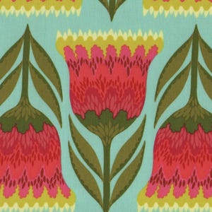 May include: A repeating pattern of stylized flowers on a light blue background. The flowers are red with yellow and pink accents, and green stems and leaves. The design is symmetrical and creates a vibrant, floral textile pattern.
