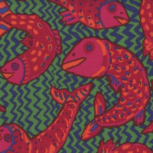 May include: A green and blue patterned fabric with a repeating design of red fish. The fish have a variety of shapes and sizes, and some have a spotted pattern.