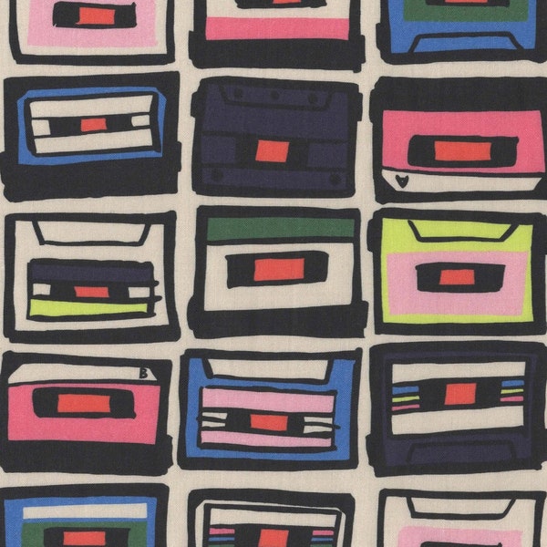 Mix tapestof FQ, Rebel Girl Demo Cassette Cotton Fat Quarter, Music Fabric UK, Eighties Fabric