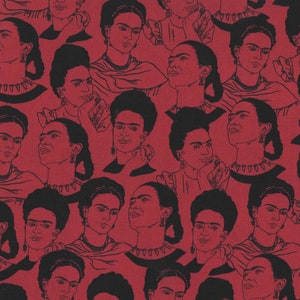 May include: A red background with a repeating pattern of black and white line drawings of Frida Kahlo's face.