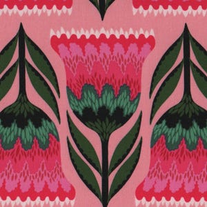 May include: A repeating pattern of stylized flowers in shades of pink, red, green, and black on a light pink background. The flowers have a bell-like shape with intricate details and are arranged in a vertical pattern, creating a vibrant and decorative design.