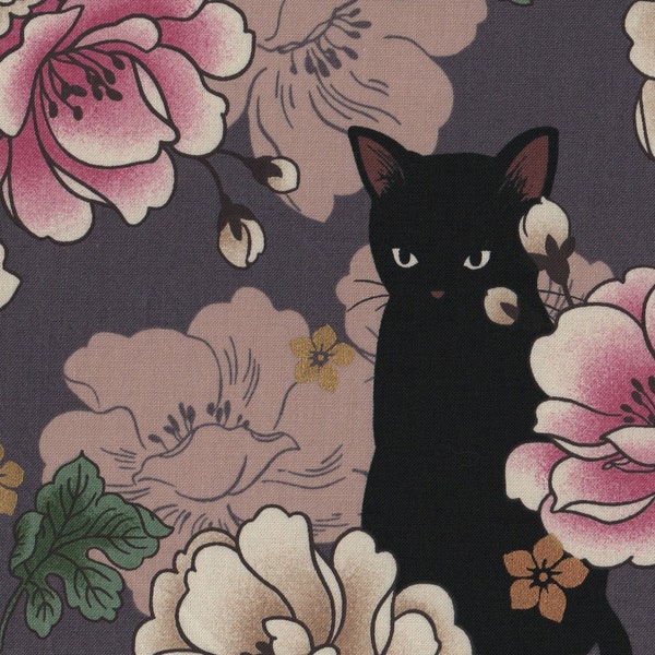 Purple Cat Fabric FQ, Japanese Hyakka Ryoran Neko Cotton Fat Quarter, Metallic Gold Peony Material UK