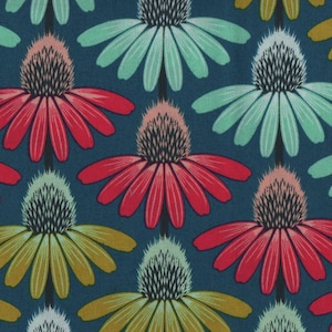 May include: A fabric pattern featuring a repeating floral design of coneflowers in shades of red, yellow, and light green. Each flower has a textured, dark brown centre and is arranged against a solid, deep navy blue background.