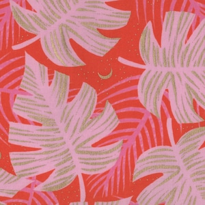 Tessuto a foglie tropicali, Ruby Star Society, Florida Shade Palms FQ, materiale in cotone rosso fuoco per quarti di grasso