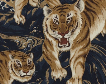 Tiger Fabric FQ, Japanese Hyakka Ryoran Cotton Fat Quarter, Navy and Gold Cat Fabric UK