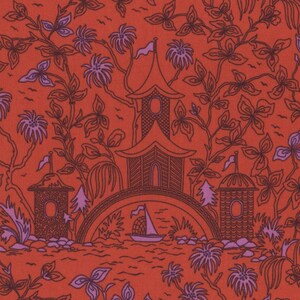 May include: A red fabric with a repeating pattern of purple flowers and black pagoda-style buildings. The buildings are connected by a black archway with a small sailboat passing underneath.
