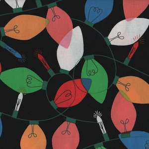 May include: A black background with a string of colourful Christmas lights. The lights are in various shapes and sizes, and they are all lit up. The lights are red, green, blue, orange, and white.