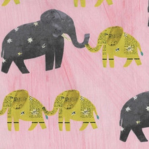 May include: A pink background with a repeating pattern of gray and yellow elephants. The gray elephants have white stars on them. The yellow elephants have a newspaper print pattern.