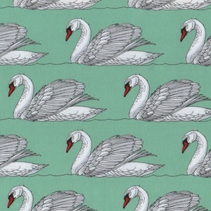 May include: A repeating pattern of white swans with red beaks on a teal green background. The swans are facing left and right, with their necks curved and their wings spread out.
