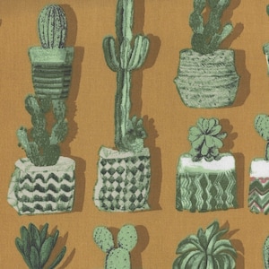Tessuto trapuntato XL in cotone giallo senape con cactus e piante grasse in vaso, Fat Quarter di Stof France