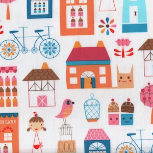 Puede incluir: Un fondo blanco con un patrón colorido de casas, árboles, bicicletas y otros objetos caprichosos. El patrón incluye una casa con el texto "Butter Lane" en la parte delantera.