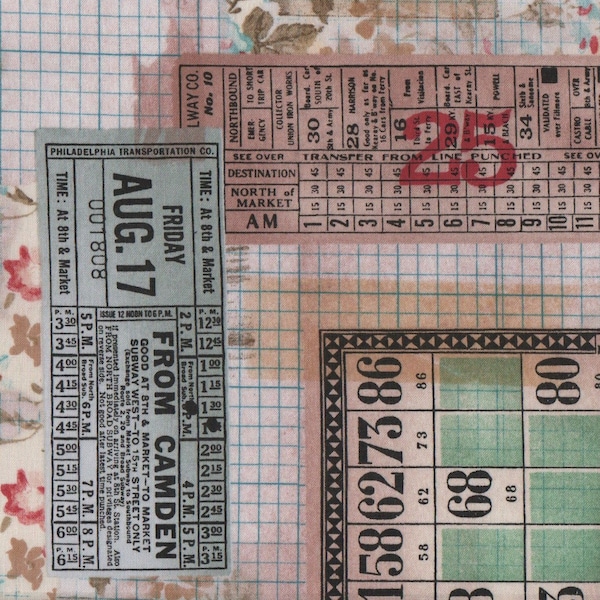 Tim Holtz Fabric FQ, Memoranda Cotton Fat Quarter, Text Font Type UK, Vintage Look Tickets Print