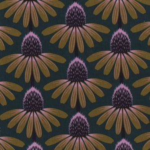 May include: A teal background with a repeating pattern of brown and pink stylized flowers. The flowers have a dark purple centre and 10 petals.