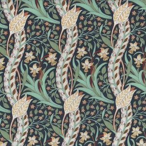 May include: A repeating pattern of stylized flowers and leaves in shades of green, brown, white, and yellow on a dark blue background.