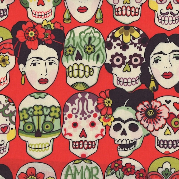 May include: A red background with a repeating pattern of colorful sugar skulls and portraits of Frida Kahlo. The skulls have intricate designs and are decorated with flowers. The portraits of Frida Kahlo are stylized and feature her signature unibrow and flower crown.