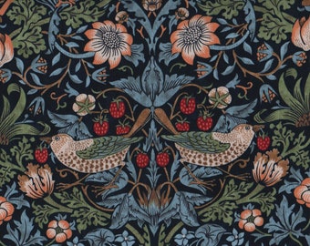 William Morris Fabric FQ, Strawberry Thief in Navy Cotton Fat Quarter, Art Nouveau Fabric UK