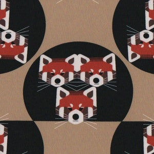 May include: A seamless pattern featuring red panda faces in a geometric design. The red pandas are arranged in a repeating pattern of three stacked faces and single faces, all against a brown background.