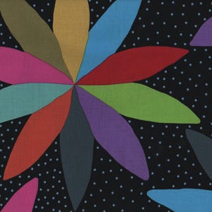 May include: A fabric pattern featuring large, stylized floral shapes in a variety of colors, including pink, green, blue, and purple. The flowers are set against a black background dotted with small white circles.
