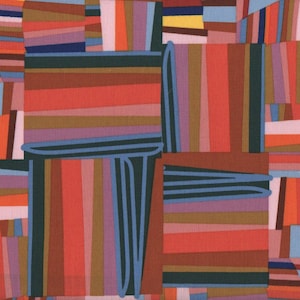 May include: Abstract geometric pattern featuring a patchwork of colourful stripes in shades of red, orange, brown, purple, blue, and green. The stripes are arranged in a random pattern, creating a visually interesting and dynamic design.