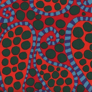 May include: Abstract pattern with a red background, blue and purple swirls, and green circles.