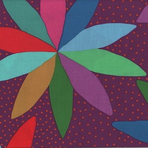 May include: A colorful floral pattern on a purple background. The design features large, stylized flower petals in shades of red, pink, blue, green, and gold. Small orange dots fill the background.