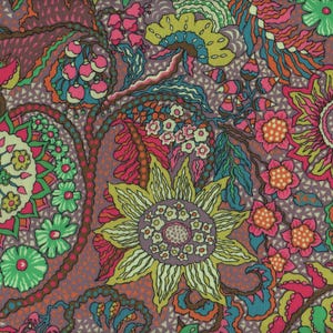 May include: A colourful floral pattern with a paisley design. The pattern features a variety of flowers, including sunflowers, daisies, and roses. The colours are bright and vibrant, including pink, green, yellow, and blue.