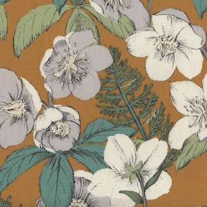 May include: A brown fabric with a white and gray floral pattern. The flowers are stylized and have a vintage look. The background is a solid brown color.