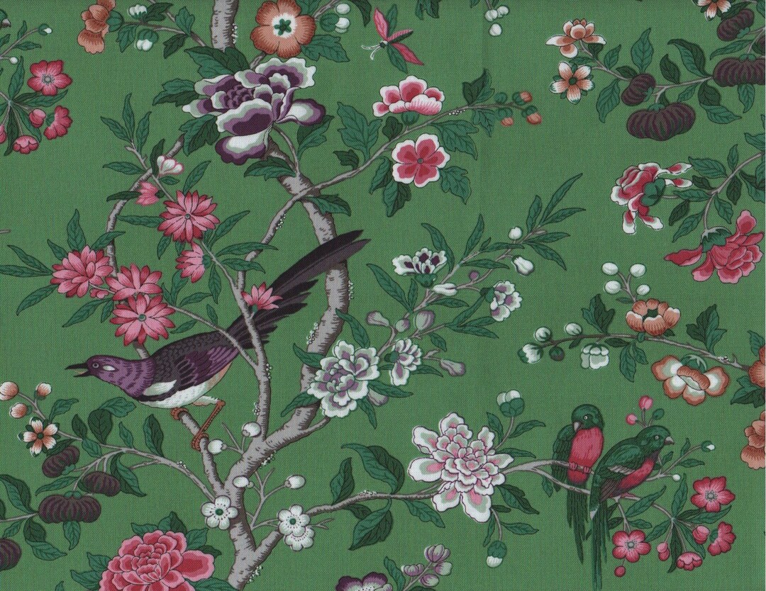Chinoiserie Hall Fabric FQ, Green Bird Cotton Fat Quarter, Asian Floral
