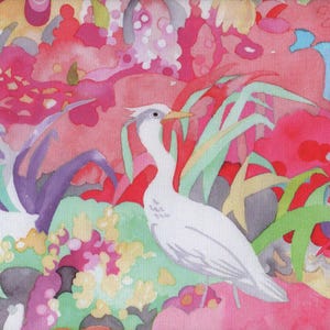 May include: A white bird with a long neck and beak stands in a field of pink, green, and purple flowers. The bird is surrounded by foliage and has a white body with a gray head.
