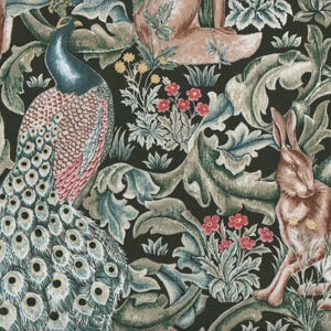 May include: A fabric design with a peacock, rabbit, and floral elements. The peacock has blue, pink, and green feathers. The design includes red flowers, green foliage, and a dark background, creating a nature-inspired aesthetic.
