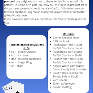 May include: A blue and white graphic with text detailing crochet pattern instructions. The image includes a list of materials, terminology, and abbreviations. A deck of playing cards with the Ace of Spades is in the corner.