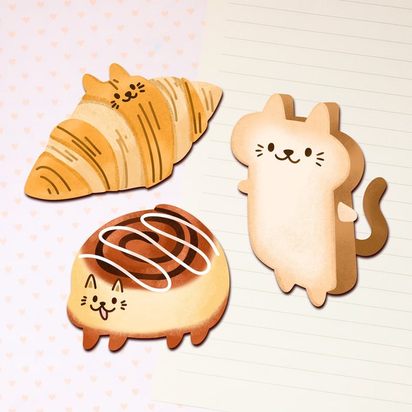 Pastry and Bread Cat Stickers  |Breakfast sticker, toast sticker, milk bread, cinnamon roll,croissant,cute stickers, planner sticker, bakery