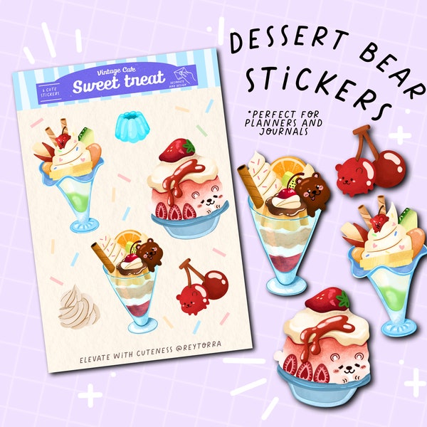 Cute Dessert Ice cream Sticker Sheet | Japanese Cafe, Planner stickers, Parfait stickers, bujo stickers, Cute Bear, Bullet Journal Sticker